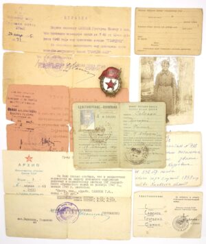Soviet Guards Badge with temporary certificate, pictures and other documents