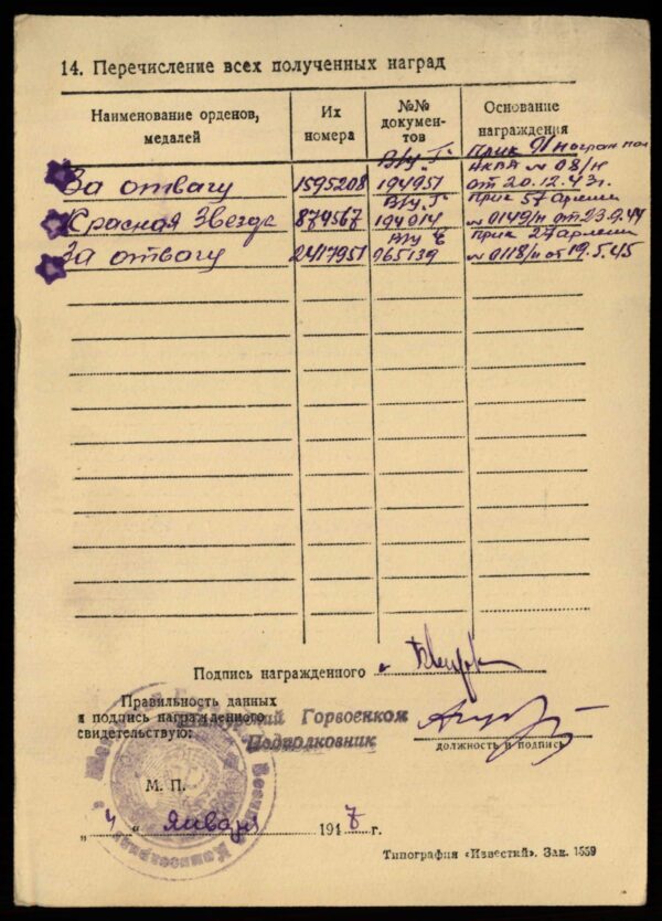 Complete Group of an Order of the Red Star #874567 and two Medals for Bravery #1595208 + #2417951 - Image 39