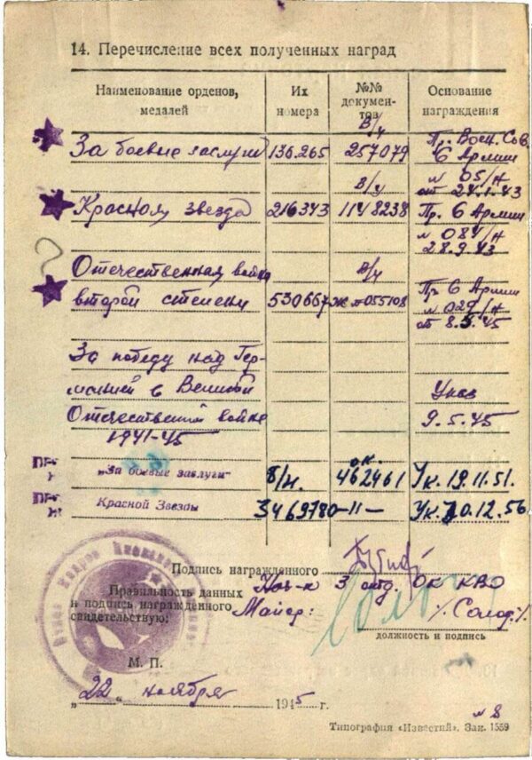 Group of Soviet awards: Order of the Patriotic War 2nd class #530667, Red Star #216343 and Medal for Combat Merit #136265 - Image 35