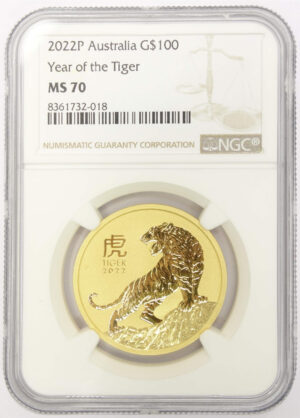 2022 1 oz gold $100 Lunar Tiger (Lunar Series III, Perth Mint) MS70