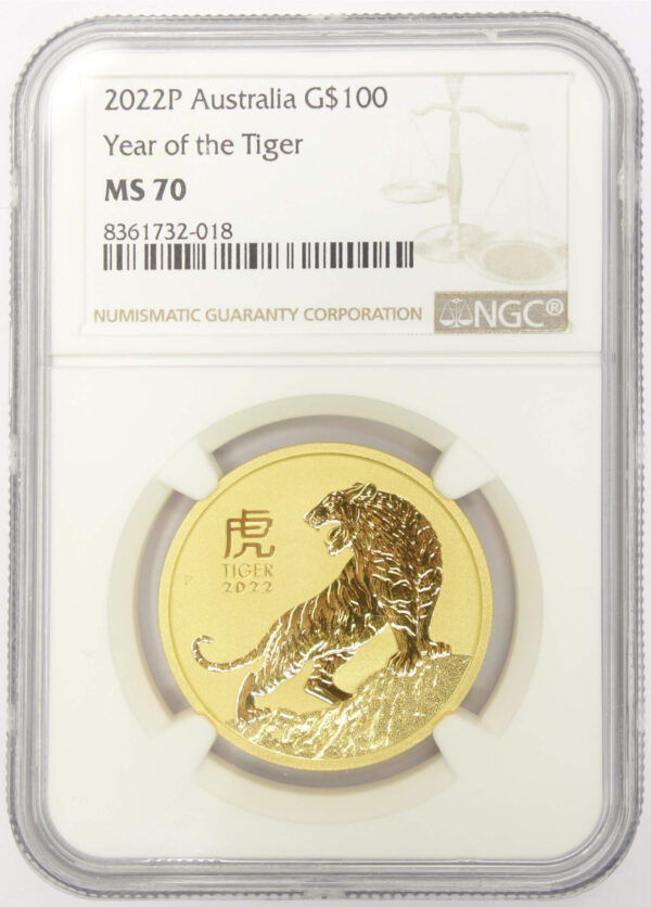 2022 1 oz gold $100 Lunar Tiger (Lunar Series III, Perth Mint) MS70
