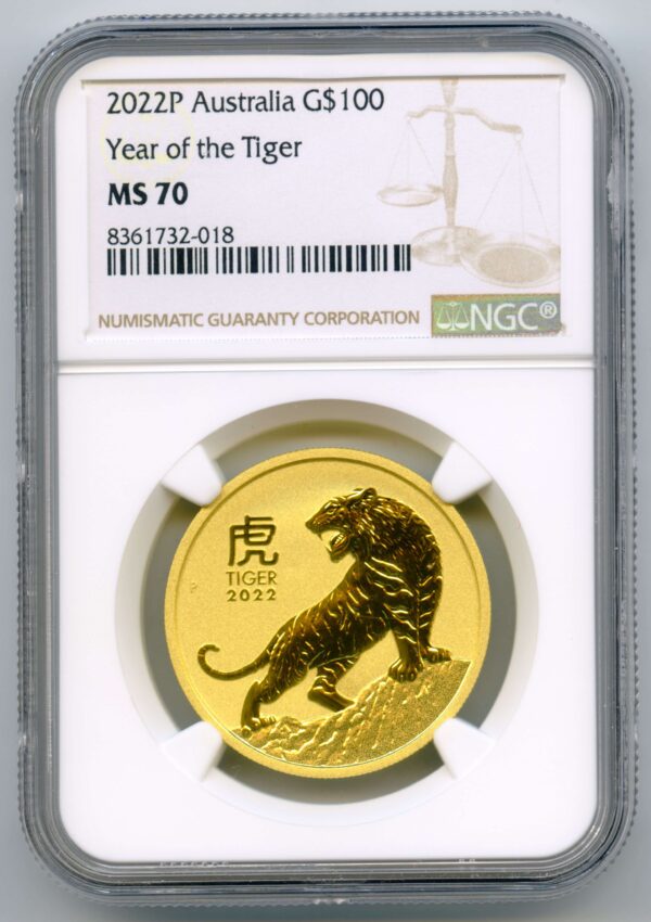2022 1 oz gold $100 Lunar Tiger (Lunar Series III, Perth Mint) MS70