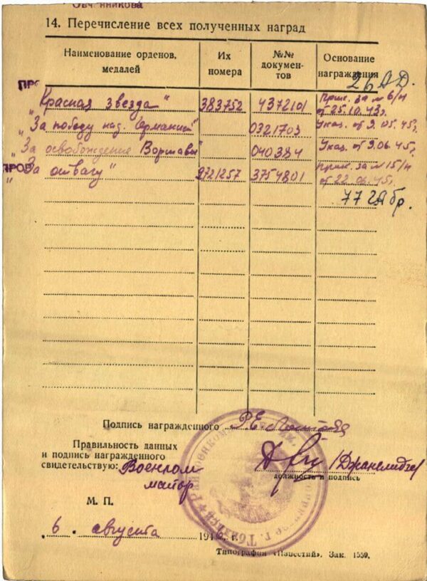 Documented group of Soviet Awards: Orders of the Red Star #383752, Medal for Bravery #2721257 and Medal for the Liberation of Warsaw - Image 38