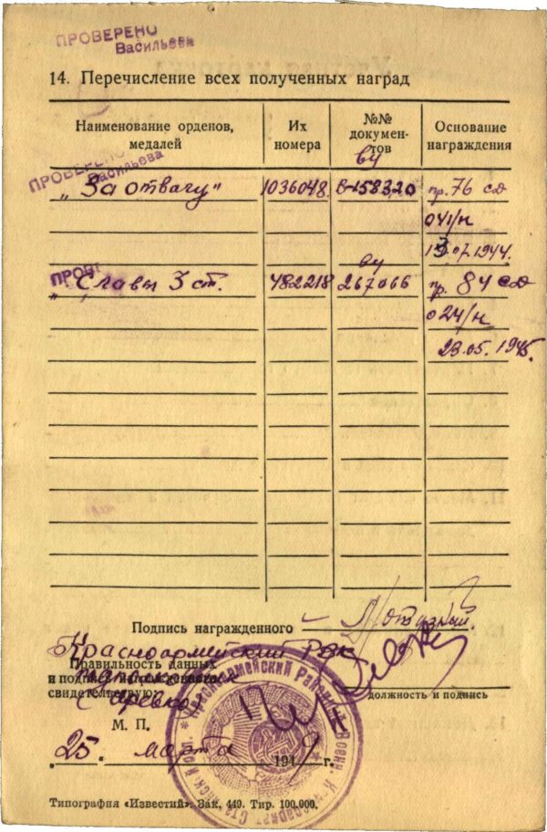 Group of an Order of Glory 3rd class #482218 and Medals for Bravery #1036048 + #2149566 - Image 39
